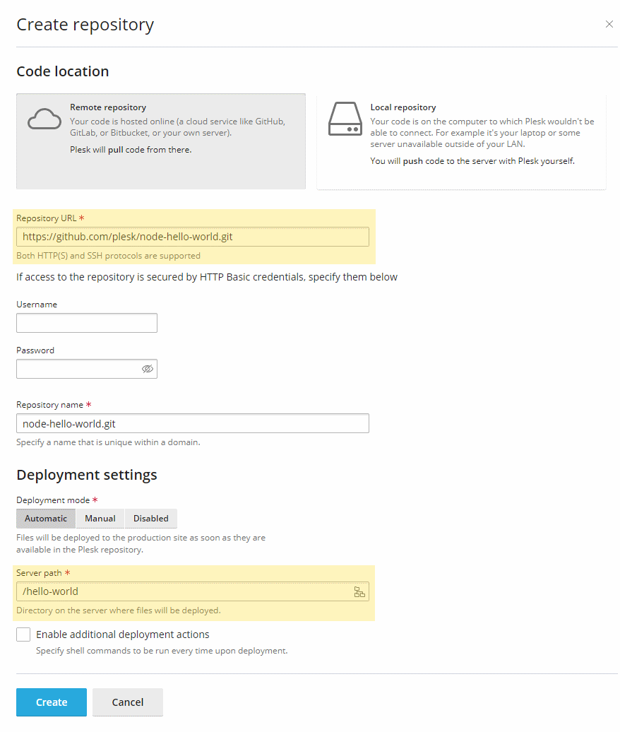 Configuration Git Plesk