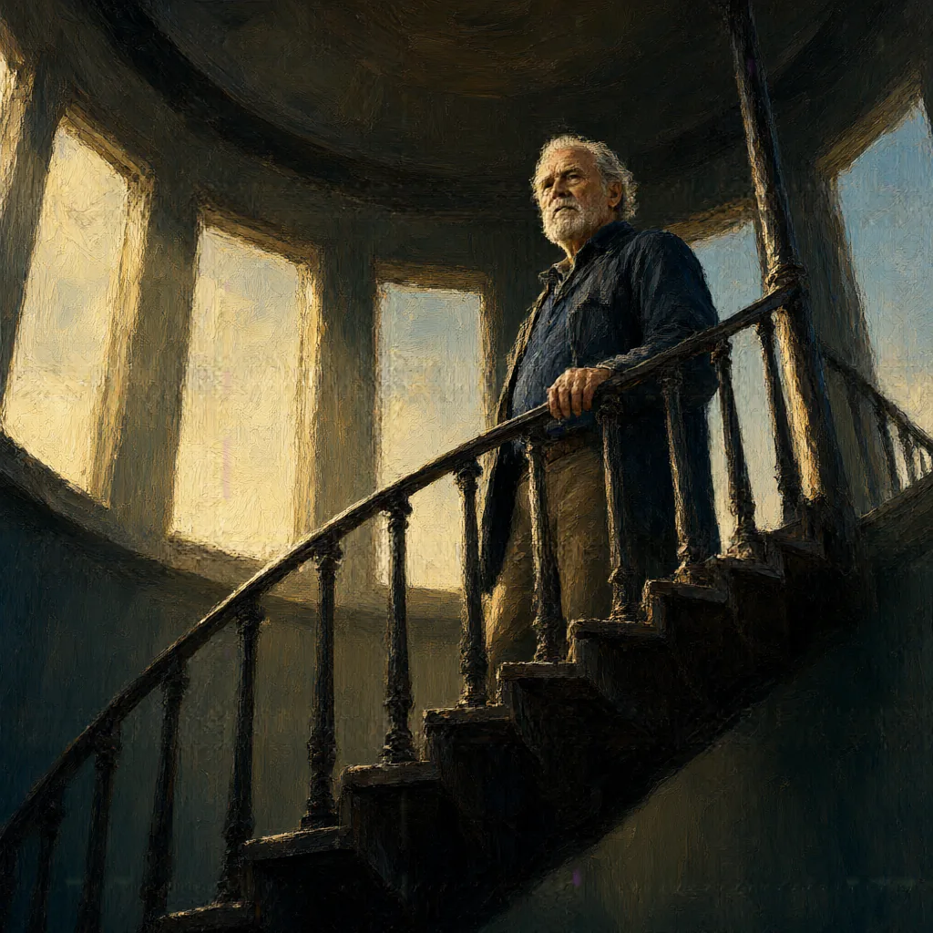 Génération Qwen-Image 2.1 Turbo : A weathered lighthouse keeper in his 70s standing ...