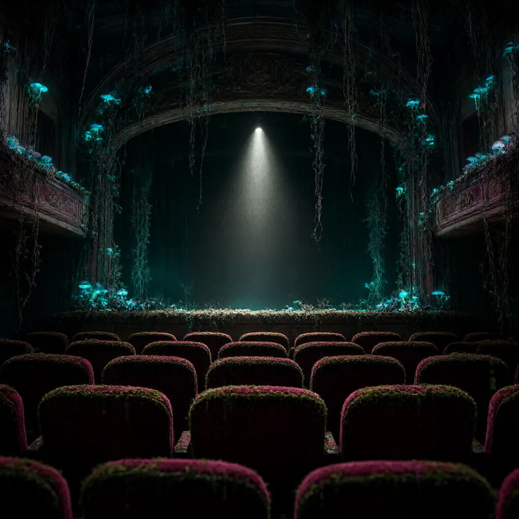 Génération Qwen-Image 2.1 Turbo : An abandoned Art Deco theater overgrown with biolu...