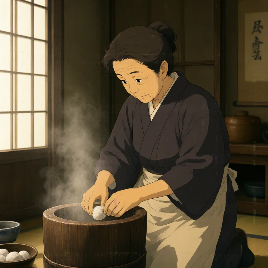 Génération Qwen-Image 2.1 Turbo : A Japanese grandmother making mochi in a tradition...
