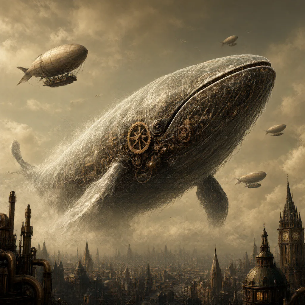 Génération Qwen-Image 2.1 Turbo : A massive clockwork whale breaching through clouds...