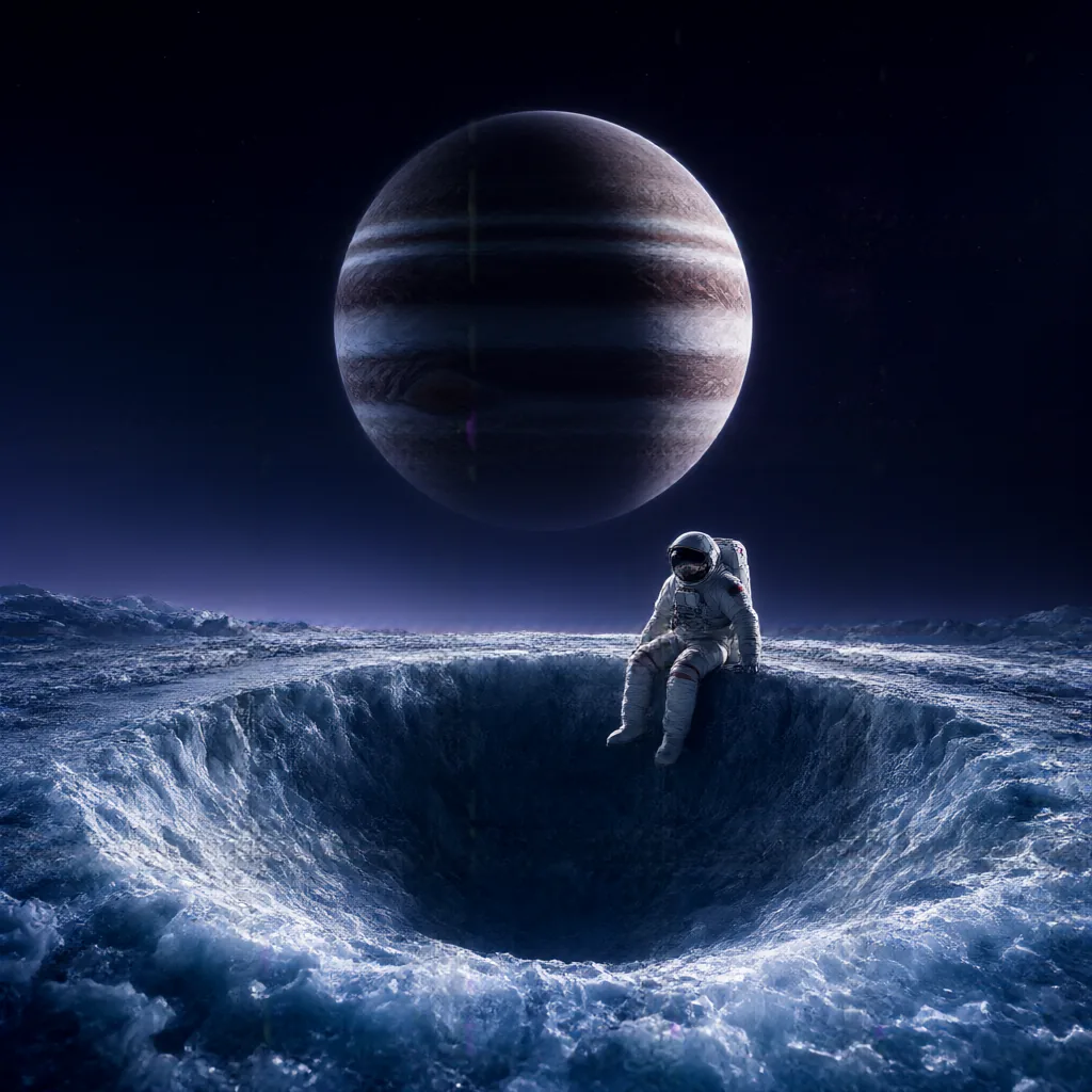 Génération Qwen-Image 2.1 Turbo : A lone astronaut sitting on the edge of a crater o...
