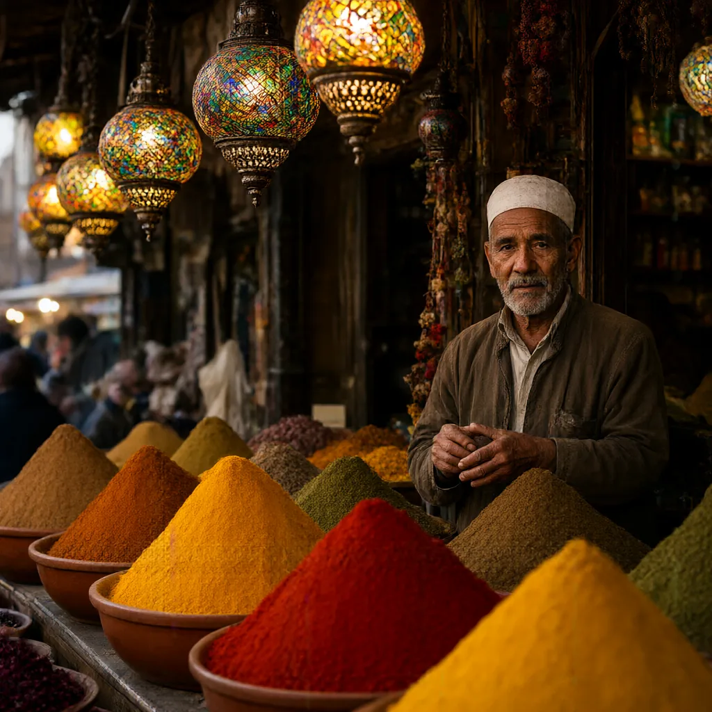 Génération Qwen-Image 2.1 Turbo : A Moroccan spice market at twilight, pyramids of c...