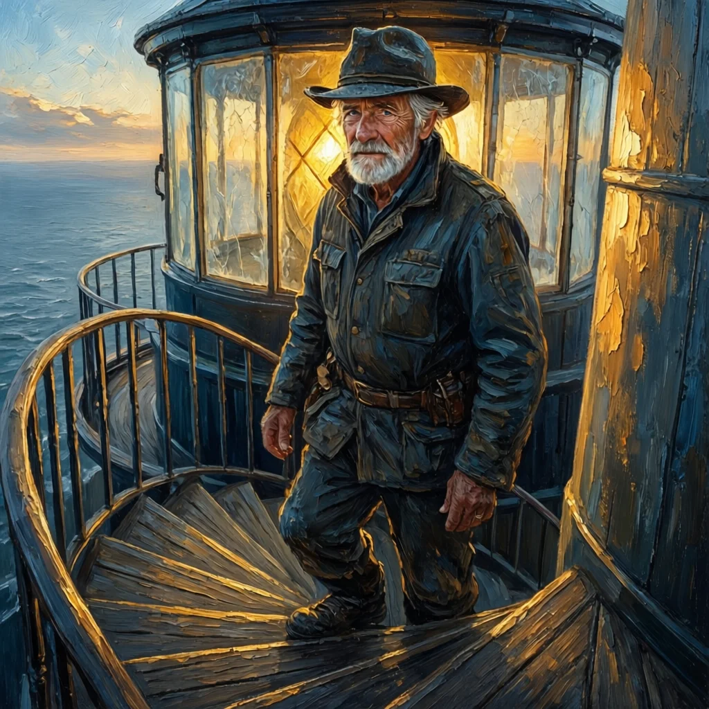 Génération Qwen-Image-2512 : A weathered lighthouse keeper in his 70s standing ...