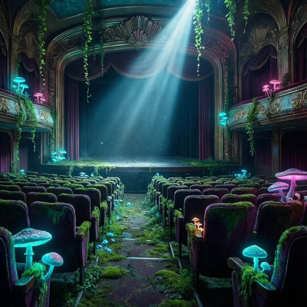 Génération Qwen-Image-2512 : An abandoned Art Deco theater overgrown with biolu...
