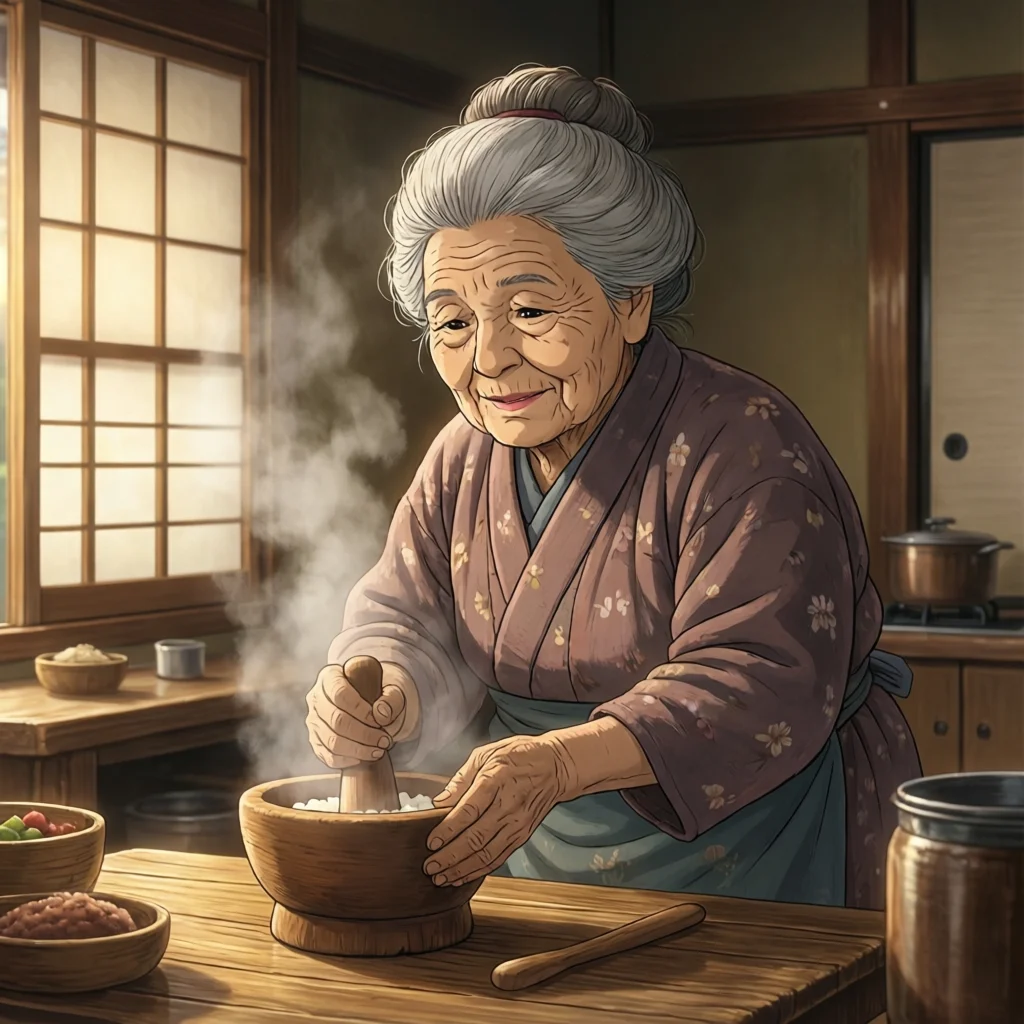 Génération Qwen-Image-2512 : A Japanese grandmother making mochi in a tradition...