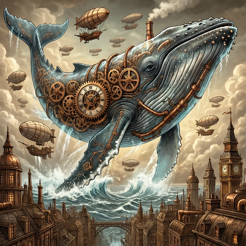 Génération Qwen-Image-2512 : A massive clockwork whale breaching through clouds...