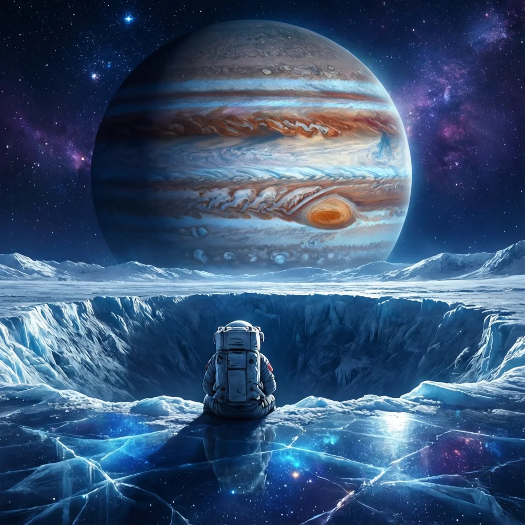 Génération Qwen-Image-2512 : A lone astronaut sitting on the edge of a crater o...