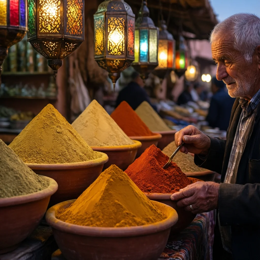 Génération Qwen-Image-2512 : A Moroccan spice market at twilight, pyramids of c...