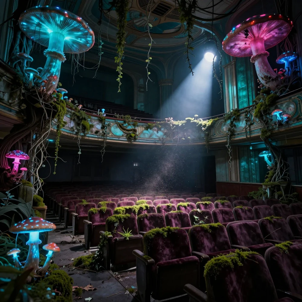 Génération Z-Image-Turbo : An abandoned Art Deco theater overgrown with biolu...