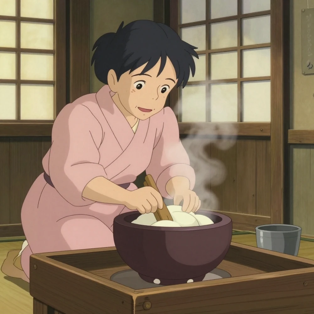 Génération Z-Image-Turbo : A Japanese grandmother making mochi in a tradition...