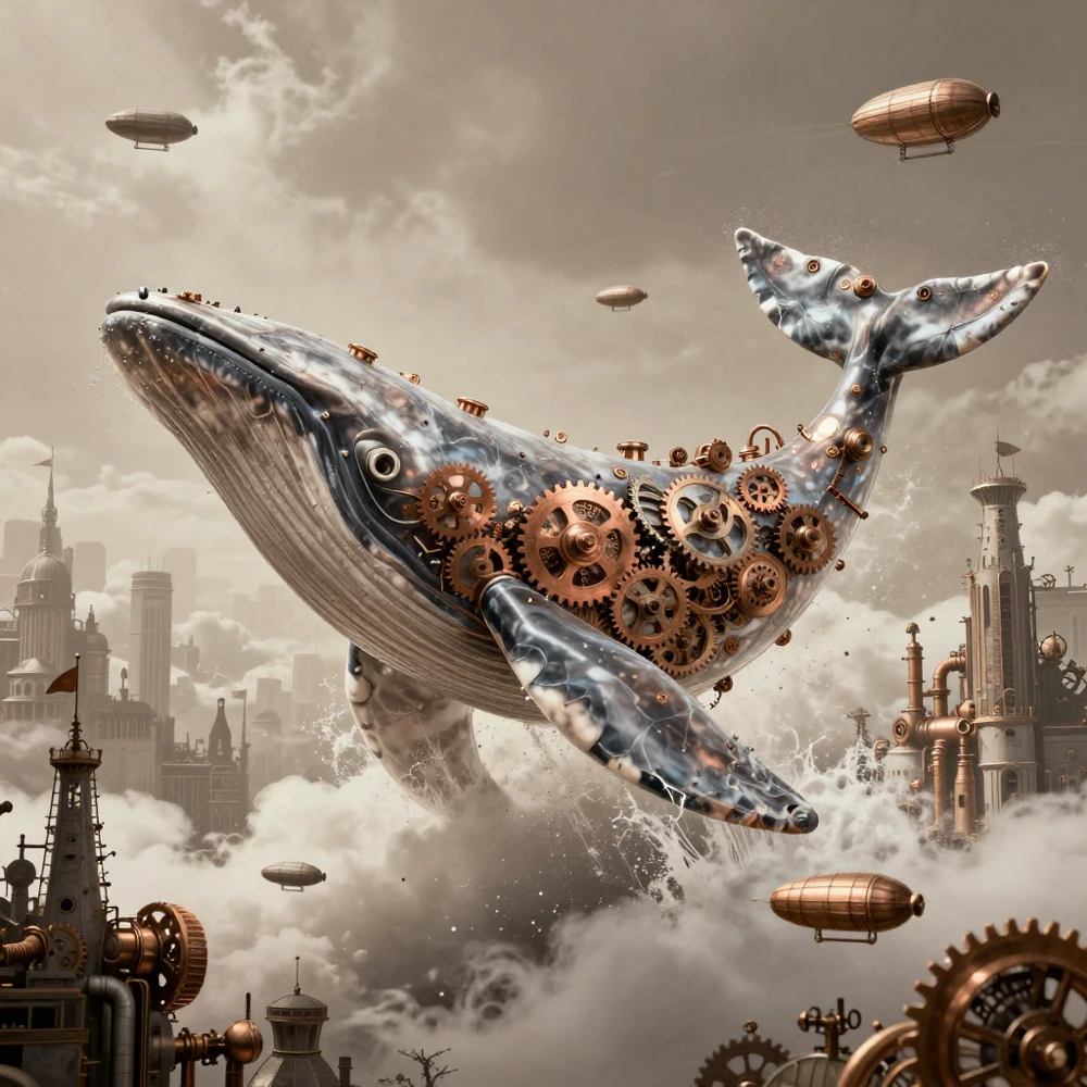 Génération Z-Image-Turbo : A massive clockwork whale breaching through clouds...