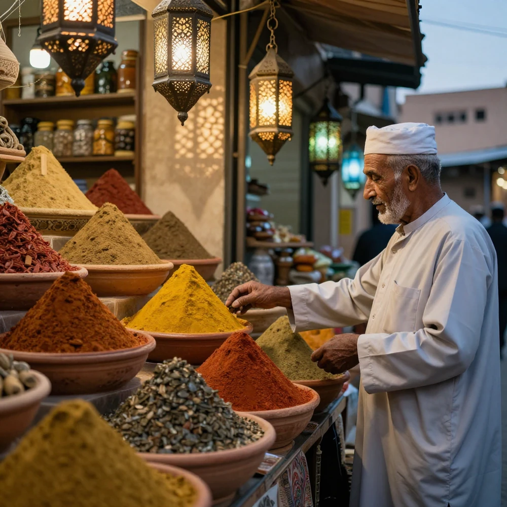 Génération Z-Image-Turbo : A Moroccan spice market at twilight, pyramids of c...